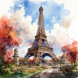 Fototapeta  - Watercolor Eiffel tower, clipart Illustration, Generative Ai