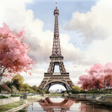Fototapeta Miasta - Watercolor Eiffel tower, clipart Illustration, Generative Ai