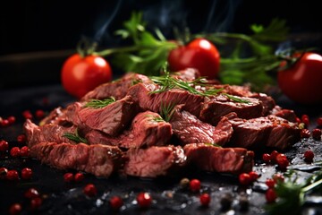 Wall Mural - Sliced grilled steak garnished with rosemary and surrounded by tomatoes and peppercorns on a dark surface.