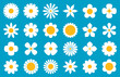 An array of daisy illustrations in white and yellow, showcasing different petal designs on a serene blue background, evokes a cheerful springtime feel.