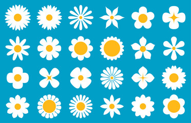 Wall Mural - An array of daisy illustrations in white and yellow, showcasing different petal designs on a serene blue background, evokes a cheerful springtime feel.