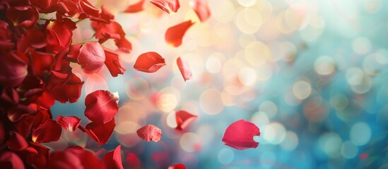 Wall Mural - Close up of red rose petals on abstract blur background, copy space. generative AI image