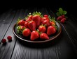 Fresh strawberries in plate on wooden background. Fruits and summer berries illustration