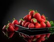 Red strawberries in a black square plate. Fruits and summer berries illustration