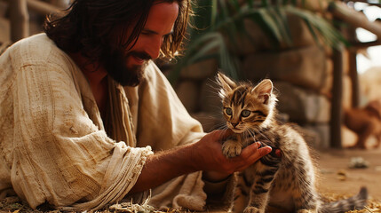 Canvas Print - Jesus acariciando e brincando com um filhote degatinho, amor cristão