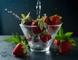 Fresh strawberries splashing into water in a glass bowl. Fruits and summer berries illustration