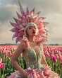 Amidst tulips, a woman's starburst floral headpiece complements her sequined bodysuit