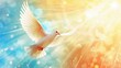 A white dove on bright light shines from heaven background. Symbol of love and peace descends from sky.