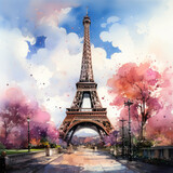 Fototapeta Paryż - Watercolor Eiffel tower, clipart Illustration, Generative Ai