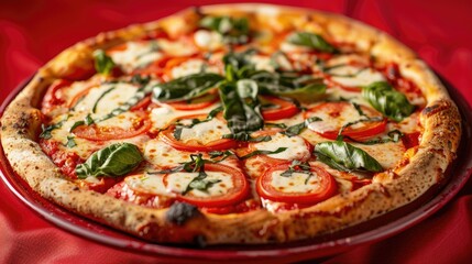 Sticker - Pizza Margherita on a red dish and red backdrop