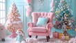 A whimsical Christmas wonderland, bursting with pastel hues and playful toys, invites you to sink into a colorful chair.
