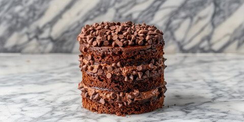 Wall Mural - Close-up of a Brazilian brigadeiro cake, with layers of chocolate cake and brigadeiro frosting, topped with chocolate sprinkles on white marble background