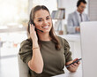 © peopleimages.com - Woman, typing and online with smartphone in call center for technical support and agent relax at desk. Happy, consultant and contact us for telecom customer care, advice or virtual feedback with tech