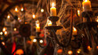 A spooky Halloween party with wagon wheel chandeliers adorned with cobwebs and candles adding to the haunted vibe. .