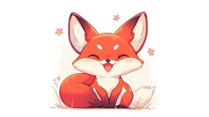 Sticker - A charming little cartoon fox in adorable red and white hues sits gracefully with its fluffy tail against a clean white backdrop Perfect as a sticker or icon