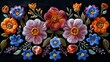 A beautiful satin stitch embroidery design with flowers. Folk line floral trendy pattern for dress necklines. Ethnic colorful fashion accessories on a black background.