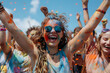 Crowded group of young people dancing, cheering, and celebrating at a summer festival, with colorful splashes of Holi fest paint creating a vibrant and energetic atmosphere.