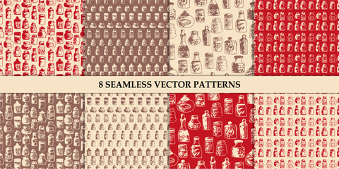 Seamless print pattern with jars and bottles with different food kitchen wallpaper background for textile, paper 
