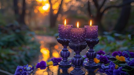 Canvas Print - three purple candles in purple candleholders outside in the park with river at sunset. 