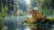 A frog sitting on the bank of lake in the forest 8k hd wallpaper  