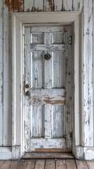 Poster - A door to a room with peeling paint and wood floors, AI