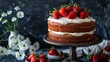 vanilla cake with cream cheese frosting and fresh strawberries on cake stand