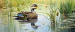 Duck swimming in pond among tall grass, part of natural landscape