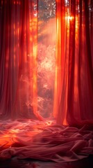 Poster - A red curtains are open and the sun is shining through, AI