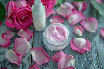 Top view of organic skincare cream with vibrant pink rose petals and open jar on marble