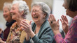 Seniors attending a laughter therapy workshop, sharing jokes and laughter. Happiness, love, respect for each other, harmony