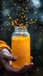 A person holding a jar of orange juice with bubbles coming out, AI