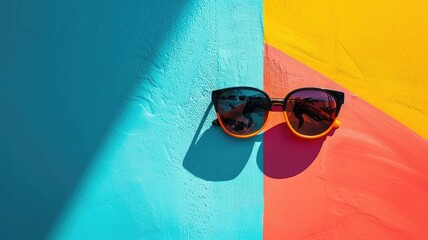 Wall Mural - Sunglasses against colorful, diagonally divided blue and yellow wall casting shadow