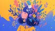 Illustration young woman flowers hair spring summer nature bloom yellow blue
