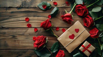 Poster - A Valentine s Day greeting card is displayed alongside vibrant red rose flowers and a charming gift box on a rustic wooden table