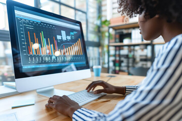 Wall Mural - A woman is working on a computer with a monitor displaying graphs