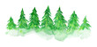 Mist watercolor illustration of textured bright green coniferous fir forest landscape. Monochrome foggy pine trees texture for winter Christmas design, print, north landscape banner