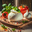 Illustration of mozzarella with tomatoes and basil leaves on wooden board Generative AI.
