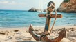 Wooden anchor with rope on sand near sea. Space for text