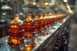 Conveyor belt moves glass bottles of beer in factory