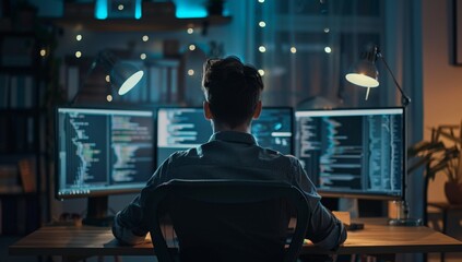 A male IT worker sits at his desk in front of three monitors, seen from behind and looking over the shoulder of an AI system that processes data on one monitor while displaying code Generative AI