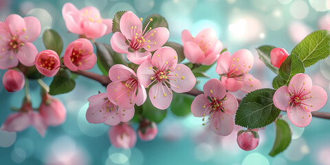 Wall Mural - Blooming pink tree branch on blurred blue background