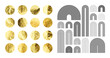 Mid century arch elements, modern geometric shapes. Gold foil, shiny handmade circles. Golden glittering texture, pattern. Contemporary design, minimalist art. Trendy design. Vector illustration