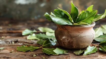 Canvas Print - Varieties of Bay Leaves Displayed in a Traditional Pot on a Wood Surface