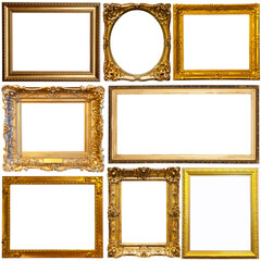 Wall Mural - Collection of old empty art frames in different shapes isolated on white