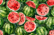 A deliciously dense watermelon pattern, this vibrant watercolor design captures the essence of summer with its juicy red flesh, dotted with black seeds, set against a backdrop of rich green rinds