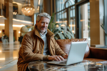 Elder caucasian man working on a laptop in a hotel lobby, he is wearing casual clothes, looking like a tourist, traveler