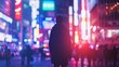A lone figure walks down a busy street back to the camera as they make way through the neonlit city. posture suggests . .