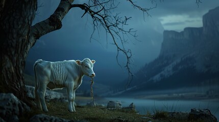 show me the photo In Greek mythology, at night, mountain background, a baby white calf positioned left, tied to a big tree, no humans, no people, no other animals