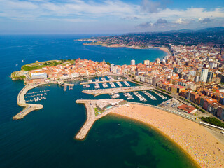 Wall Mural - Aerial cityscape of Spanish city Gijon with sand beach and quarters