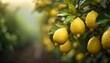 lemon tree with ripe fresh yellow lemons and dew drops on blurred citrus fruit farm agriculture background closeup design copy space for text non gmo and organic products concept